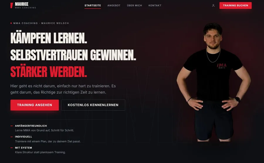 Startseite der Maurice-Coaching-Website mit Hero-Bereich, Trainingsangebot und Buchungs-Button